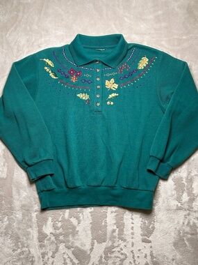 Vintage 90s Embroidered Long Sleeve Polo Shirt Womens L/XL Green Floral Cottage